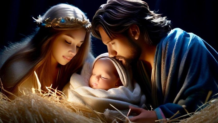 Ein Mann und eine Frau halten zärtlich ein Baby in einer Krippe.