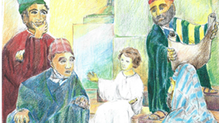 Das Bild zeigt 4 Männer. Sie schauen ein Kind in einem weißen Gewand an, dass auf einer Stufe sitzte und die Hände ausgebreitet hat. Im Hintergrund ist eine Wand aus großen Steinen zu sehen und die Hälfte eines jüdisches Kerzenleuchters.