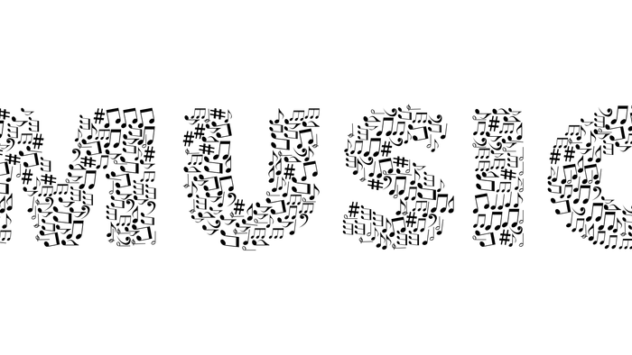 Schriftzug Music aus schwarzweißen Noten