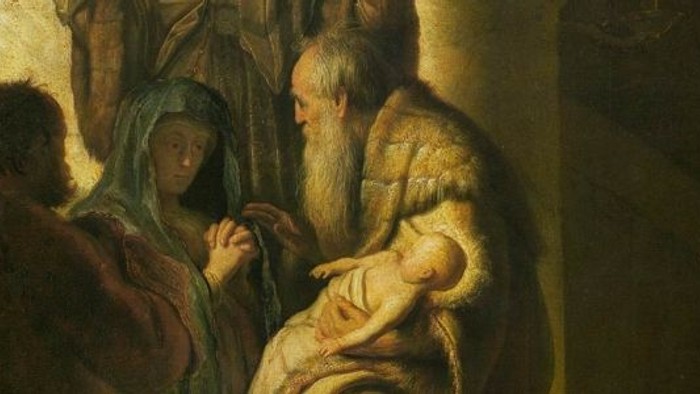 En maleri af tre personer, der ser ud til at være religiøse figurer, muligvis fra Bibelen.
