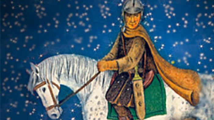 Ein Reiter, daneben ein Bettler, blauer Hintergrund mit Sternen
