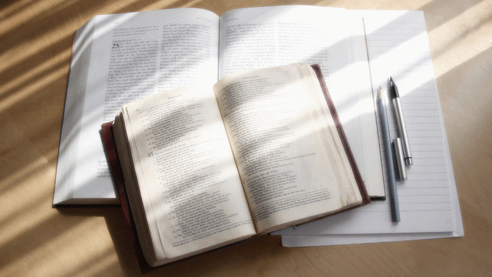 Offene Bücher und ein Notizblock auf einem Holztisch
