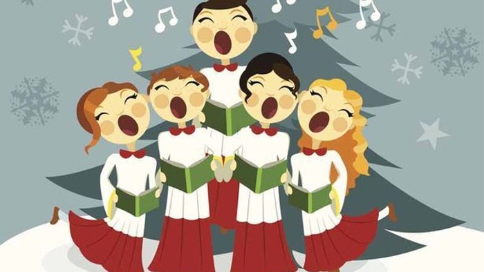 Five children dressed in Christmas attire sing together in front of a Christmas tree.