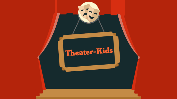 Das Bild zeigt eine Theaterkasse mit einem Maskottchen und einem Schild