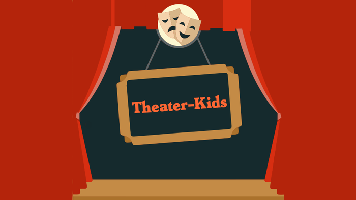 Das Bild zeigt eine Theaterkasse mit einem Maskottchen und einem Schild