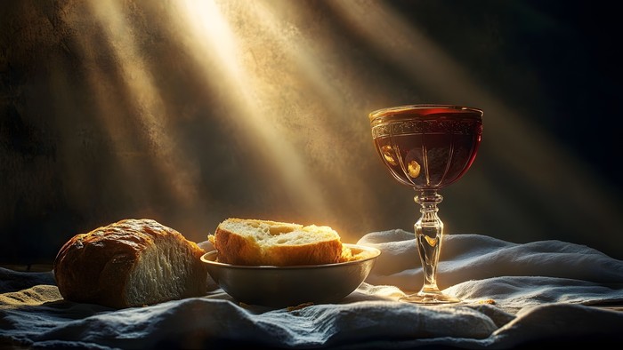 Hellig nadverens elementer badet i guddommeligt, strålende lys på et klæde.