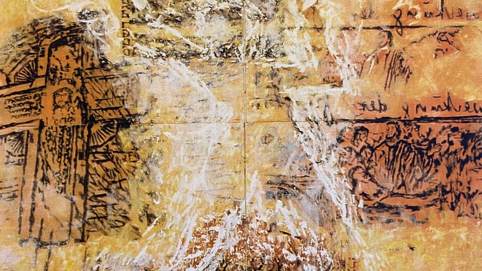 Das Altarbild der Kreuzkirche zeigt in Kreuzform vier Elemente aus dem Alten und Neuen Testament, in die eine Engelsgestalt verwoben ist.