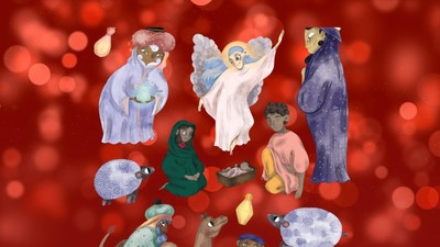 Illustration af forskellige fantasifulde figurer på en rød, bokeh-baggrund.