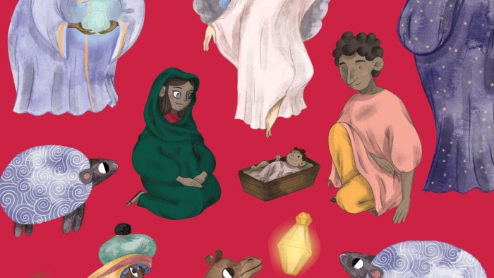 Billedet viser en rød baggrund med flere figurer og dyr i en religiøs scene.
