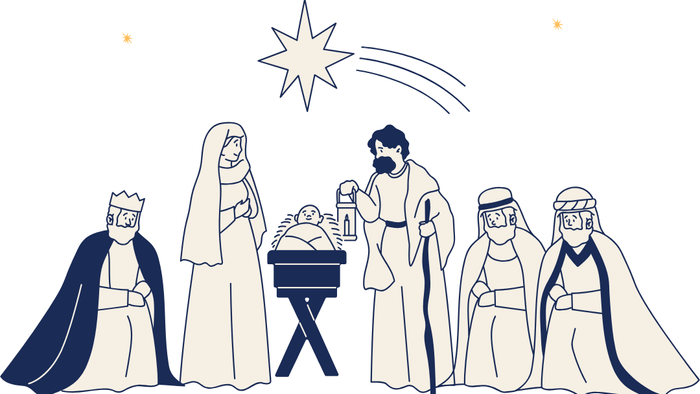 Die Weihnachtskrippe zeigt Maria, Josef und das Baby Jesus mit den drei Weisen.