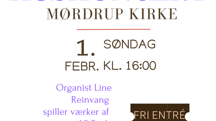Plakat for en gratis orgelkoncert i Mørdrup Kirke med værker af Bach, Mendelssohn og Rheinberger den 1. februar.