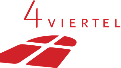 Logo für „Viertel“ mit der Zahl 4 und einem stilisierten roten geometrischen Design.