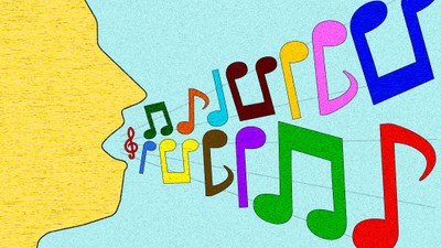 En mund med musiknoter som flyder ud.