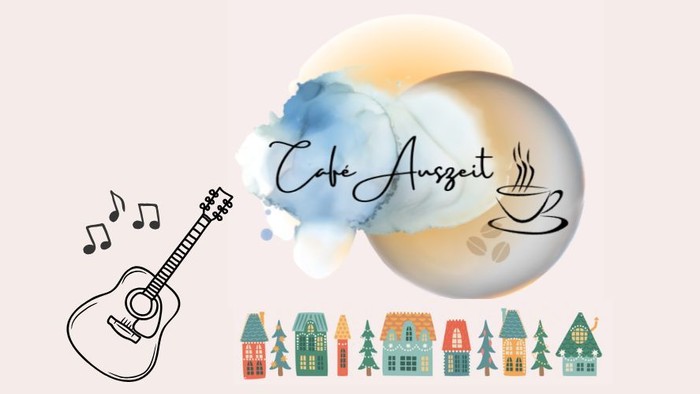 Schriftzug 'Café Auszeit' mit Kaffeetasse, Gitarre und adventlichen Häusern
