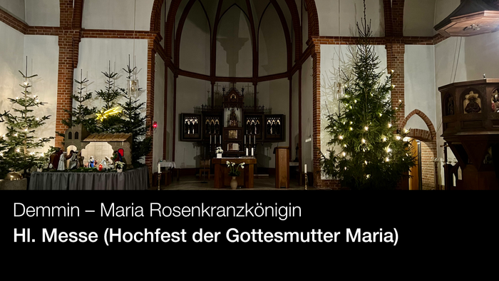 Innenraum der Maria Rosenkranzkönigin Kirche mit Weihnachtsbäumen und Altar