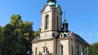 Kirchengebäude mit hohem Turm und grünem Dach vor blauem Himmel