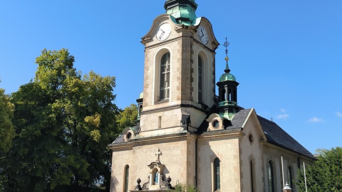 Kirchengebäude mit hohem Turm und grünem Dach vor blauem Himmel