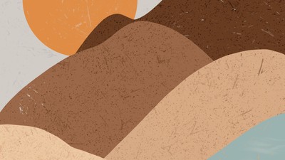 Abstrakte Illustration eines Sonnenuntergangs über geschichteten Land- und Wasserflächen mit glatten, geometrischen Formen und warmen Tönen.