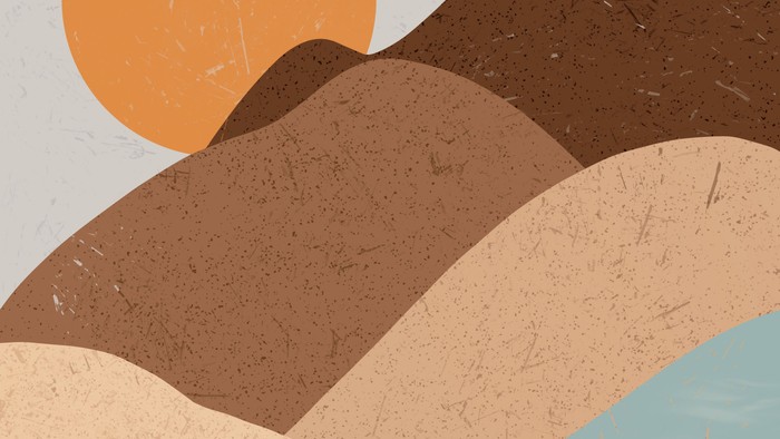 Abstrakte Illustration eines Sonnenuntergangs über geschichteten Land- und Wasserflächen mit glatten, geometrischen Formen und warmen Tönen.