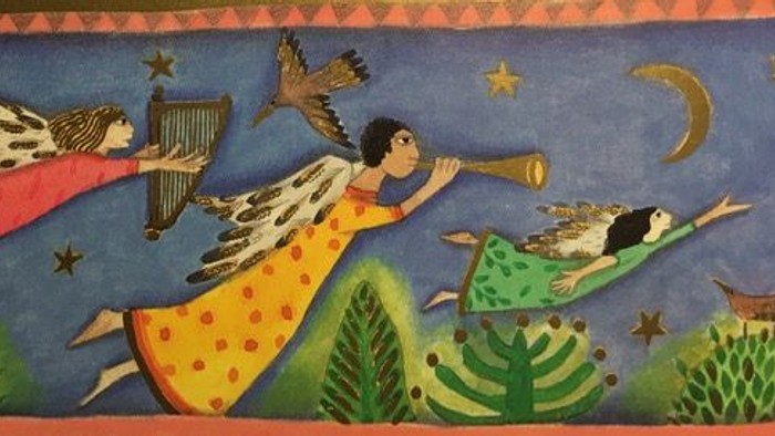 Ein verspieltes Gemälde von Engeln, die in einer fantastischen Landschaft Instrumente spielen.