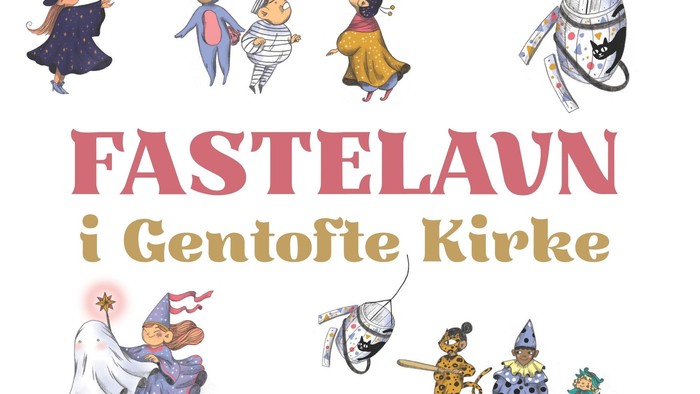Farverige tegneseriefigurer fejrer fastelavn i Gentofte Kirke med festlige kostumer og dekorationer.