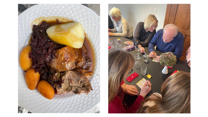 Venstre billede: En ret med kød, kartofler og grønsa. Højre billede: En gruppe af mennesker sidder ved bordet og spiser.
