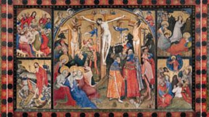 Mittelalterliche illuminierte Handschrift, die verschiedene religiöse Szenen in leuchtenden Farben darstellt.