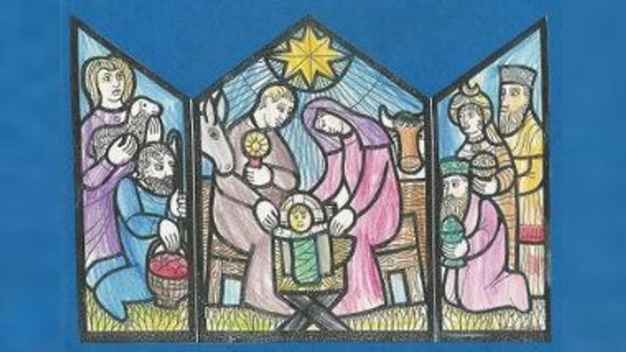 Das Bild zeigt eine biblische Szene mit Maria, Josef und dem Jesuskind.