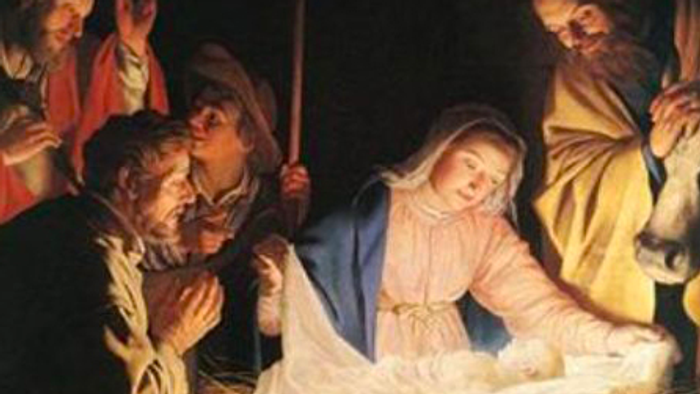 Billedet viser en religiøs scene med en gruppe mennesker om en sengende kvinde.