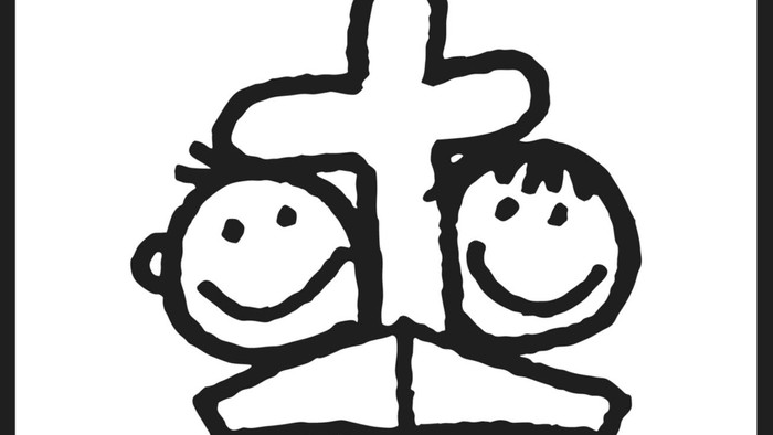 Das Bild zeigt zwei Kinder mit einem Kreuz darüber und dem Text 