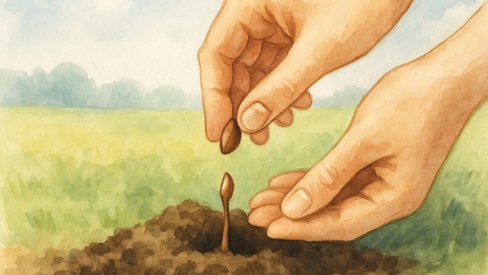 Hände, die einen Samen in die Erde pflanzen.