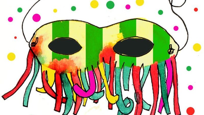 Bunte Masken mit bunten Bändern und Punkten im Hintergrund