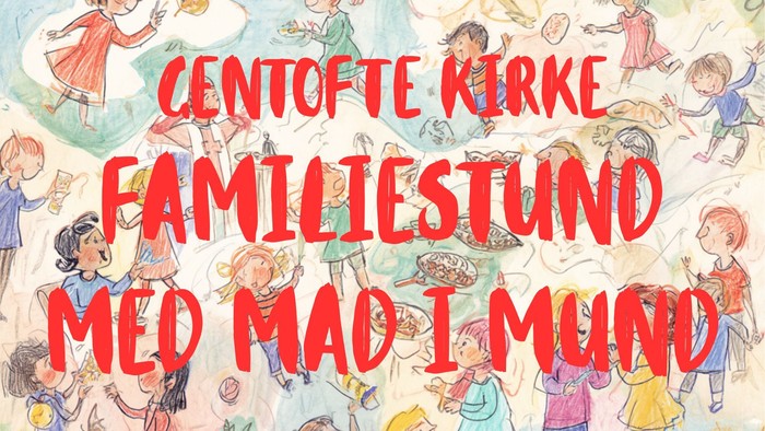 Farverig illustration af en familiebegivenhed med børn, der nyder mad og aktiviteter, med titel på dansk.