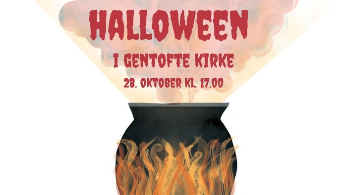 Halloween-arrangementsplakat med en kedel i flammer og detaljer om kirkens Halloween-fejring.