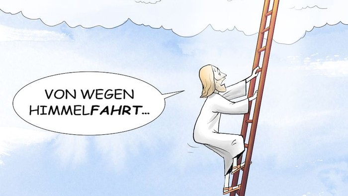 Eine Frau steigt eine Leiter zum Himmel hinauf, hält einen Hammer in der Hand, und in einer Sprechblase steht: *„Von wegen Himmelfahrt…“*