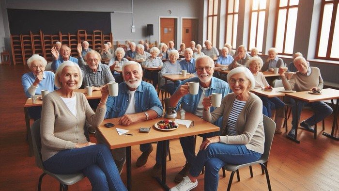 Gruppe af ældre mennesker, der sidder ved borde, smiler og løfter glas i en skål.