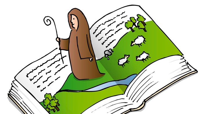 Ein Schäfer mit Schafherde auf einem Buch.