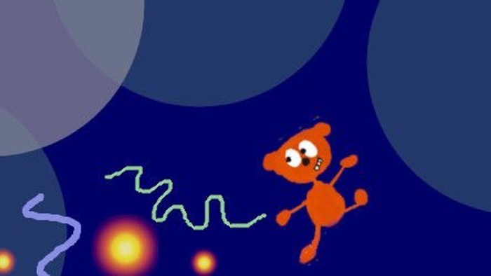 Ein orangefarbener Affe schwebt im Weltraum zwischen Planeten und Sternen.