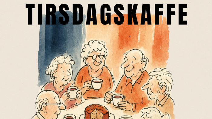 Illustration af en gruppe ældre mennesker, der sidder omkring et bord og drikker kaffe sammen. Over dem står teksten “TIRSDAGSKAFFE” i store bogstaver. Stemningen er varm og social med bløde farver og håndtegnet streg.