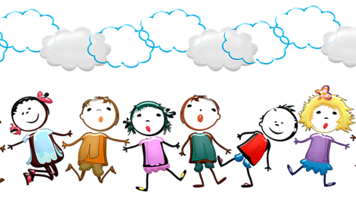 Eine Gruppe bunter, stilisierter Kinderfiguren steht vor einer Reihe von Wolken.