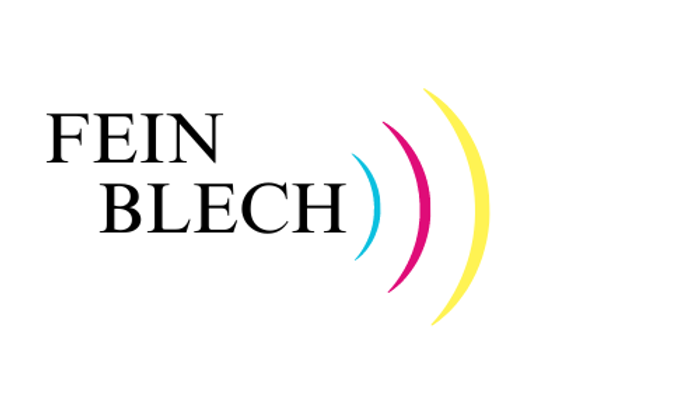 Das Bild zeigt das Logo von Feinblech mit farbigen Wellen.