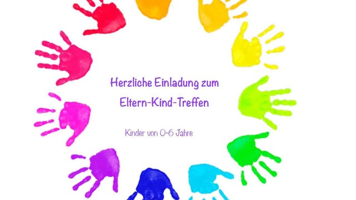 Bunte Kinderhände im Kreis mit Einladungstext zu einem Eltern-Kind-Treffen