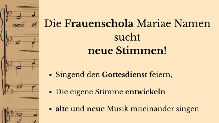 Plakatwerbung für einen Chor, der neue Sänger:innen für Gottesdienste und Auftritte in der Kirche Mariae Namen sucht.