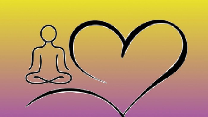 Meditierende Figur und Herzsymbol vor farbigem Hintergrund