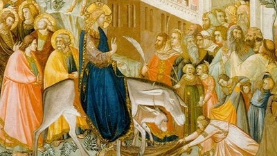 Billedet viser en religiøs scene med en gruppe af skikkelser i traditionelle klæder.