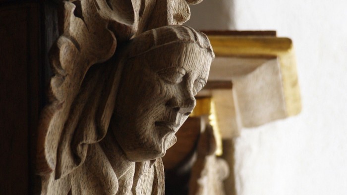 Det er en detaljeret skåren hjerne med blomster og blader.