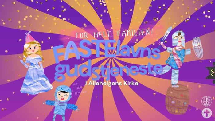 Familievenligt Halloween-arrangement plakat med sjove figurer og festlige dekorationer ved Allehelgens Kirke.