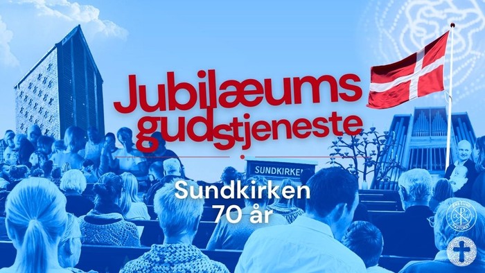 Jubilæumsgudstjeneste i anledning af Sundkirkens 70-års fødselsdag med Dannebrog og folkemængde.