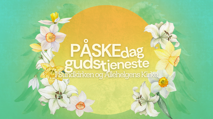 Påskesøndags gudstjeneste med blomsterdekorationer og et solmotiv.