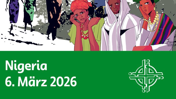 Plakat zum Weltgebetstag für Nigeria 2026 – mit der Einladung, die eigenen Lasten mitzubringen und am 6. März teilzunehmen.